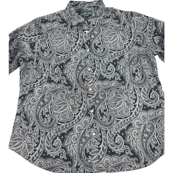 Lauren Ralph Lauren Paisley Button Up Top Women's 2X Black & White Non- Iron - Picture 2 of 7